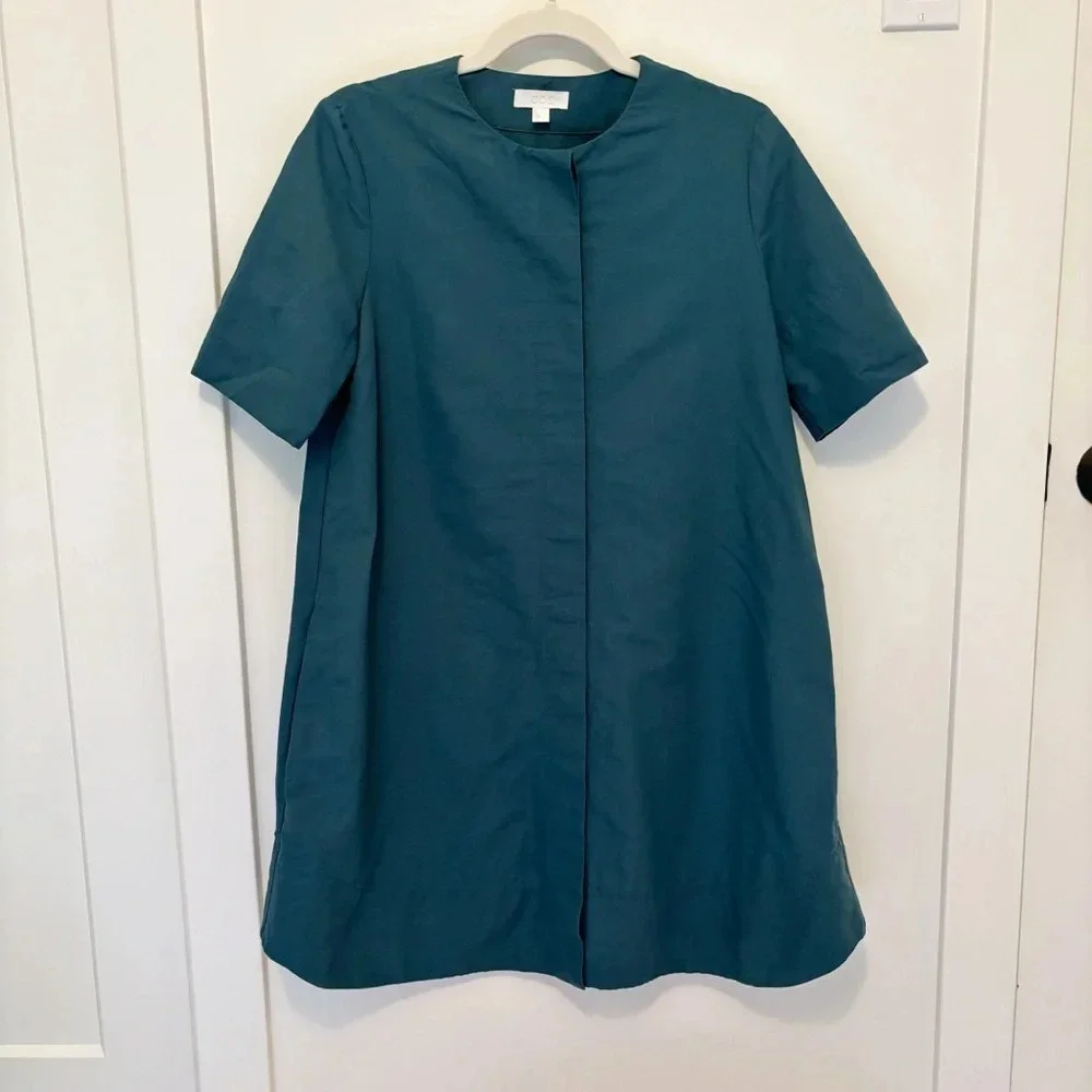 COS Cotton Linen A-Line Shirt Dress Mini Teal Blue Size 4 Minimalist Classic - Picture 2 of 6